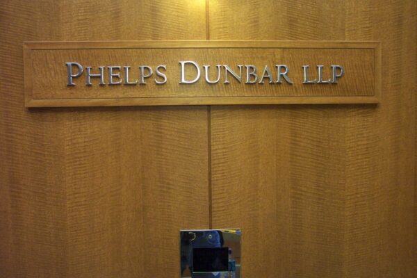 Legal_Precision Cut Polished Aluminum Letters on Wood Panel_Phelps Dunbar Legal Precision Cut Polished Aluminum Letters on Wood Panel Phelps Dunbar